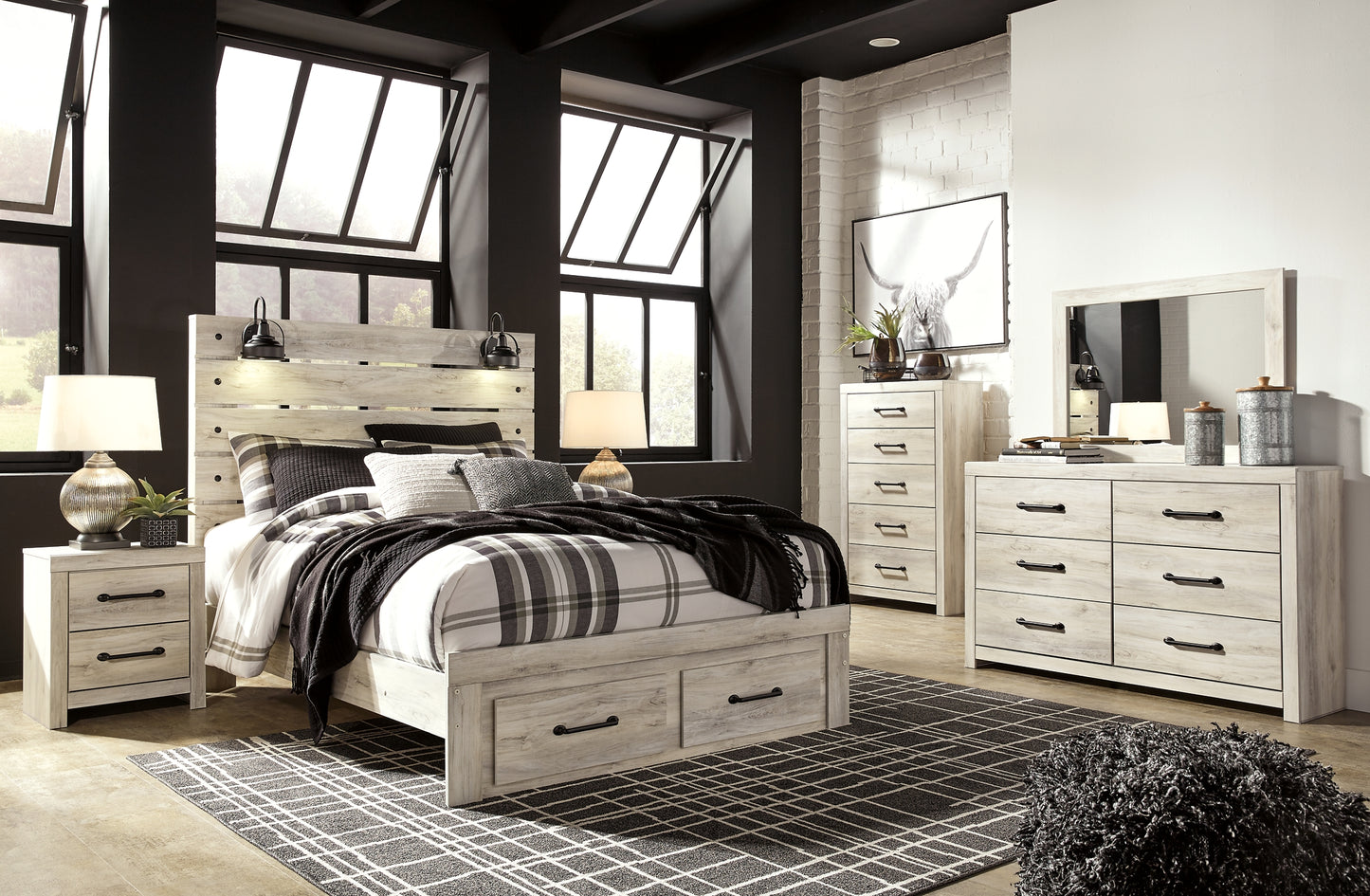 Cambeck  Panel Bed With 2 Storage Drawers With Mirrored Dresser, Chest And 2 Nightstands