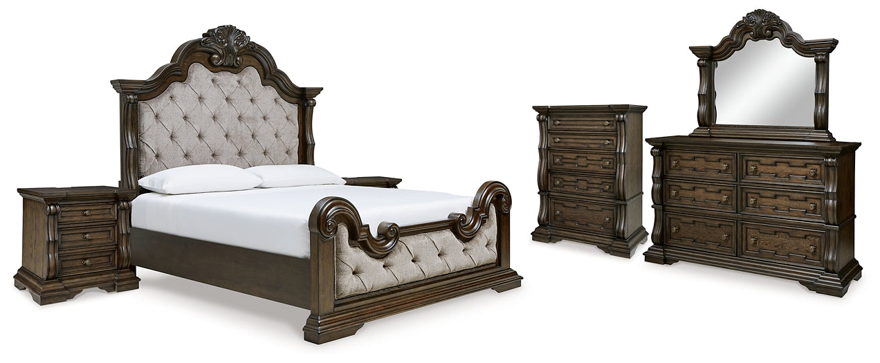 Maylee King Upholstered Bed with Mirrored Dresser, Chest and 2 Nightstands