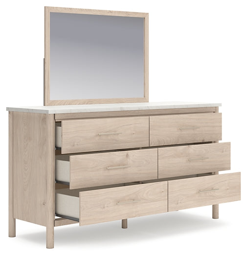 Cadmori Queen Upholstered Panel Bed with Mirrored Dresser, Chest and 2 Nightstands