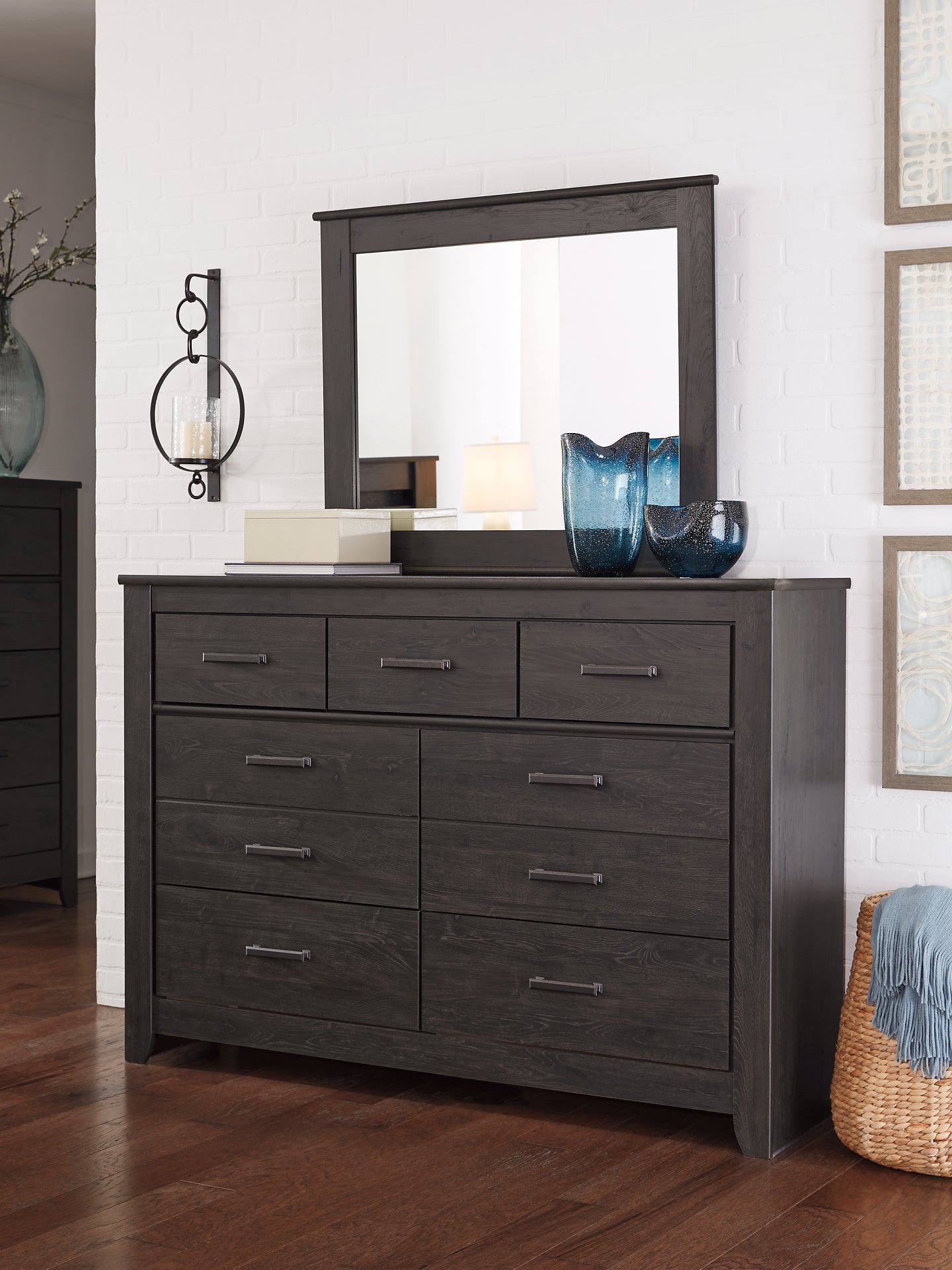 Brinxton Queen/Full Panel Headboard with Mirrored Dresser and Chest