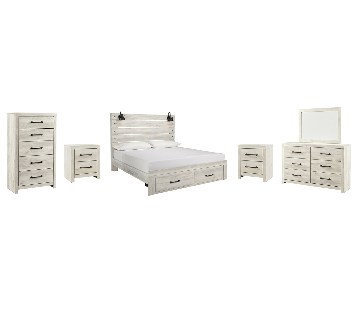 Cambeck  Panel Bed With 2 Storage Drawers With Mirrored Dresser, Chest And 2 Nightstands