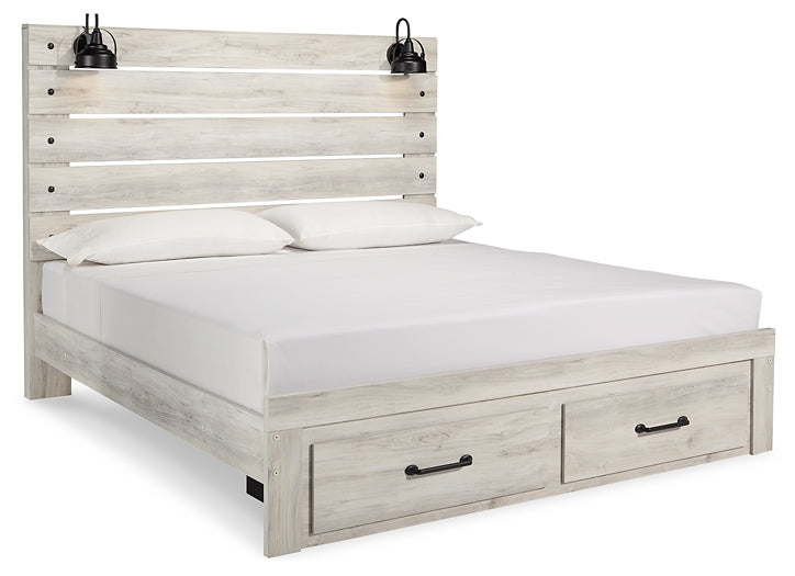 Cambeck King Panel Bed with 2 Storage Drawers with Mirrored Dresser