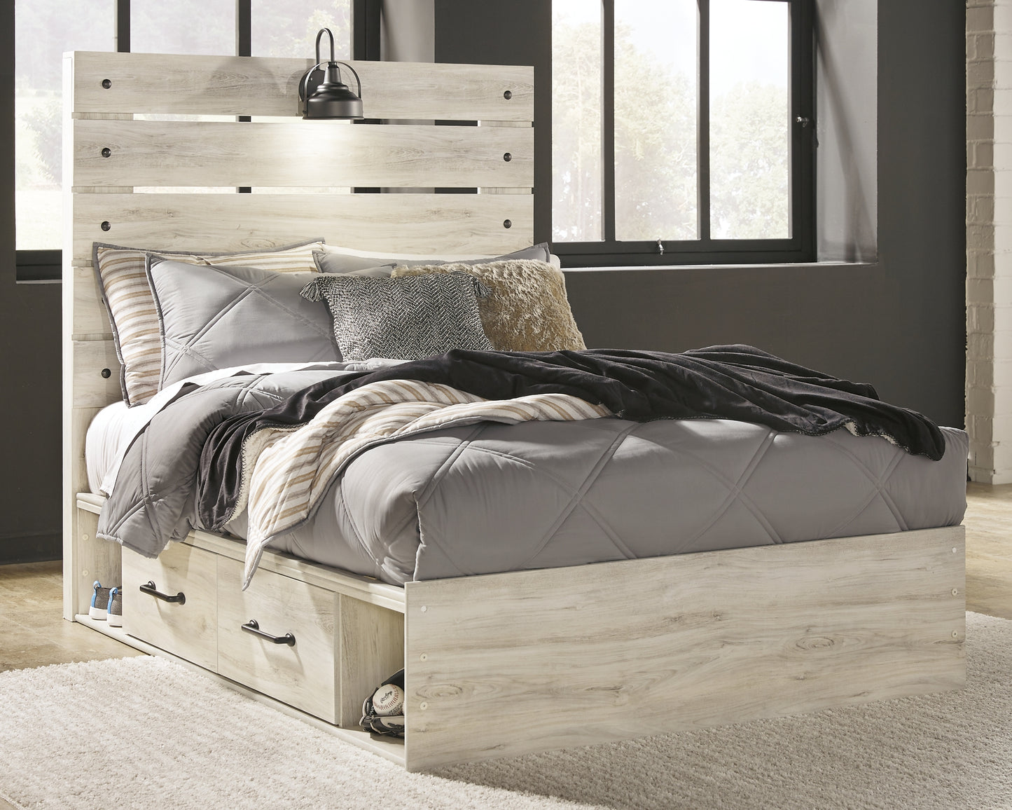 Cambeck Full Panel Bed with 4 Storage Drawers with Mirrored Dresser and Chest