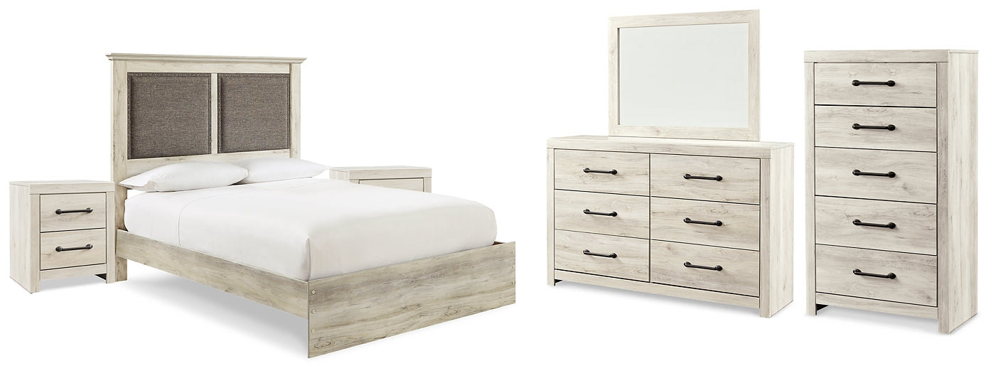 Cambeck King Upholstered Panel Bed with Mirrored Dresser, Chest and 2 Nightstands