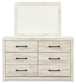 Cambeck Queen Upholstered Panel Headboard with Mirrored Dresser, Chest and 2 Nightstands