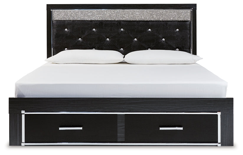 Kaydell King Upholstered Panel Storage Bed with Mirrored Dresser