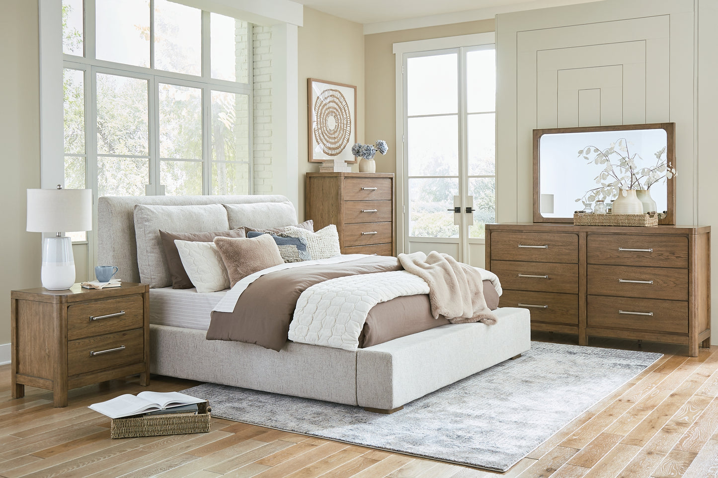 Cabalynn King Upholstered Bed with Mirrored Dresser, Chest and 2 Nightstands