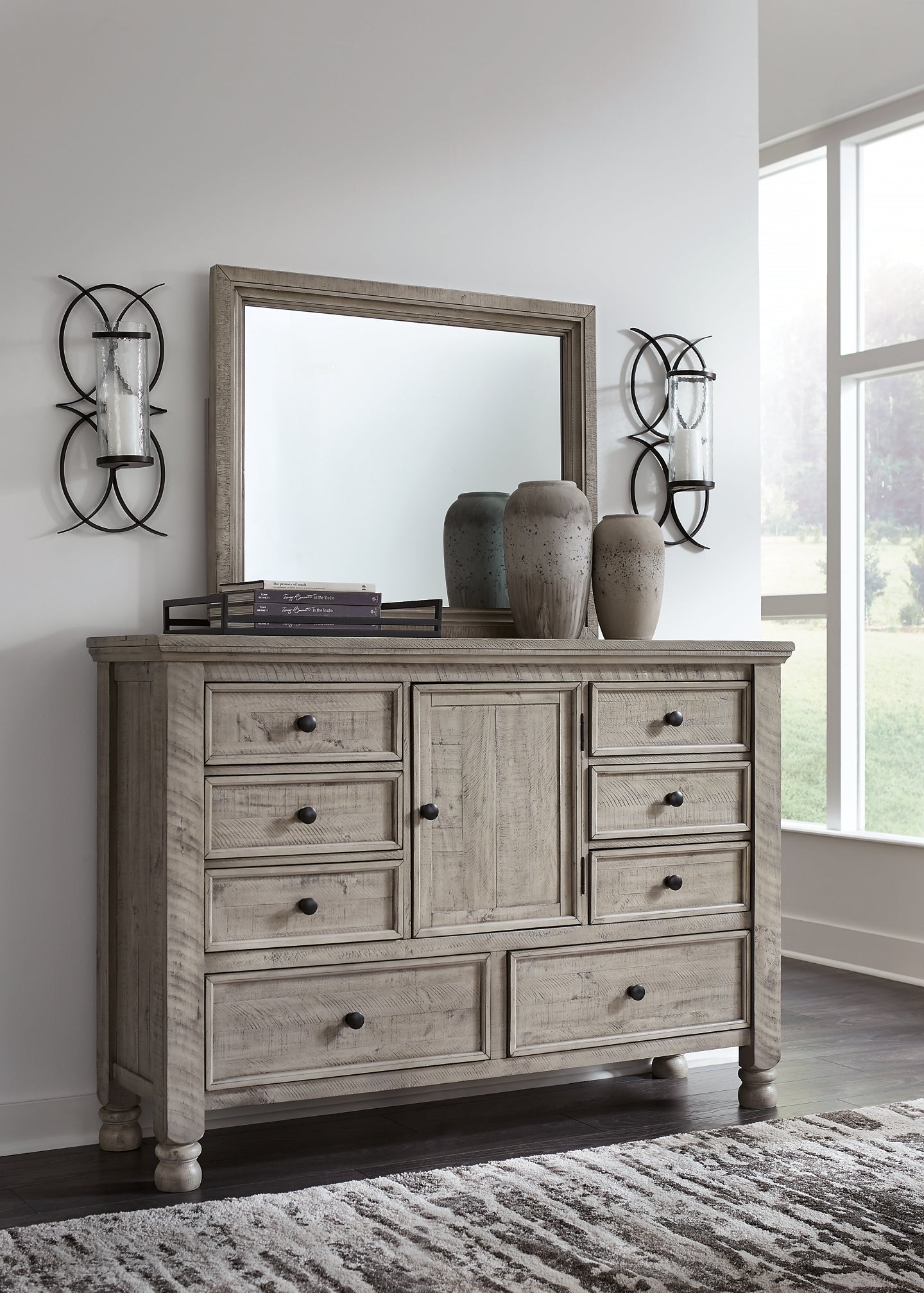 Harrastone Queen Panel Bed with Mirrored Dresser and 2 Nightstands